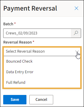 Payment Reversal window with yellow highlight box around the Reversal Reason list.